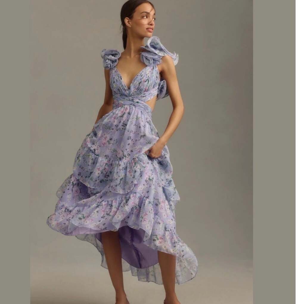 Anthropology Mac Duggal Ruffle Tiered Cut Out Floral Chiffon Dress Size 10 NWT
